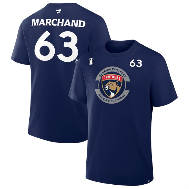 Men's Florida Panthers #63 Brad Marchand Navy 2025 Stanley Cup Final Pro Name & Number T-Shirt